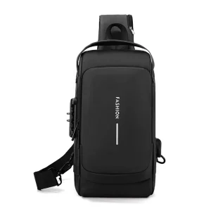 Men’s Fashion Casual Chest Bag Multi-Functional Waterproof Anti-Theft Password Nylon USB Crossbody Zipper Portable