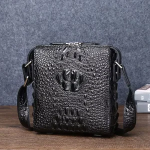 Men’s Fashion Casual Crossbody Bag Genuine Leather Crocodile Bone Print Small Outdoor Business Shoulder Bag