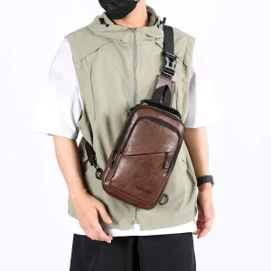 Men’s Fashion Casual Sports Waterproof PU Leather Crossbody Chest Bag with Zipper Closure Summer Portable Customizable Design
