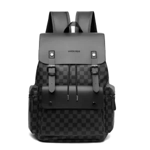 Men’s Fashion Checkerboard Pattern PU Backpack Casual Travel Laptop Bag with Buckle Design