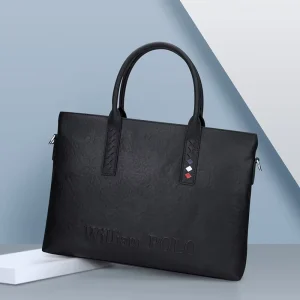 Men’s Fashion Customizable Black Leather Briefcase One Shoulder Laptop Handbag with 13 Inch Laptop Compartment OEM Business Bag