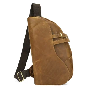 Men’s Fashion Genuine Crazy Horse Leather Vintage Sling Crossbody Zipper Closure Waterproof Single Shoulder Chest Bag Travel All