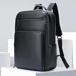 Men’s Fashion Genuine Leather Waterproof Travel Casual Backpack Zipper Multifunctional Large Capacity Computer Business Bag