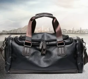 Men’s Fashion Gym Bag Shoulder Crossbody Zipper PU Leather Large Capacity Travel Bag