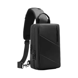 Men’s Fashion PVC Shoulder Bag Waterproof USB Charging Port Sling Crossbody Chest Bag for Work Travel Cycling Hiking