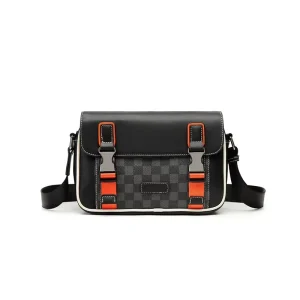 Men’s Fashion Patchwork Trendy Small Square Faux Leather Waterproof Crossbody Bag Zipper Closure High Quality Large Capacity