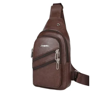 Men’s Fashion Pu Chest Bag Multi-functional Waterproof Waist Pack Zipper Headphone Hole Anti-theft Crossbody Design
