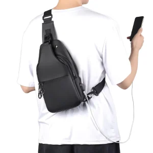 Men’s Fashion Sling Bag Large Capacity Waterproof Adjustable Chest Pack with USB Anti Theft Polyester Material