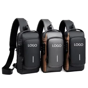Men’s Fashion Sports Chest Crossbody Bag Nylon Waterproof Lightweight Headphone Plug Black Travel 32x16x6cm