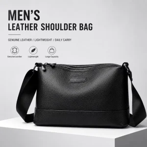 Men’s Fashion Travel Boat Bag Genuine Leather Crossbody Shoulder Sling Bag Litchi Grain Waterproof Durable Custom Logo Accepted