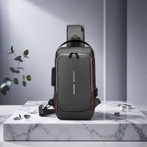 Men’s Fashion Waterproof Anti Theft Zipper Lightweight PU Leather USB Charging Design Logo Customized Shoulder Bag