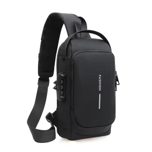Men’s Fashion Waterproof Anti theft Chest Shoulder Cross body Bag with USB Password Lock and Zipper Closure