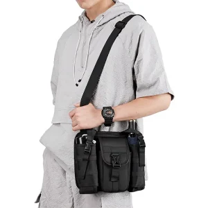 Men’s Fashion Waterproof Oxford Cloth Zipper Single Shoulder Crossbody Bag Large Capacity Portable Double Water Cup Polyester