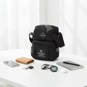 Men’s Fashion Waterproof Polyester Mini Crossbody Bag Black Design for Phone Multi-Compartment