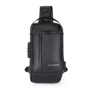 Men’s Fashionable Anti Theft PU Shoulder Chest Bag Waterproof USB Leisure Crossbody Bag with Letter Decoration