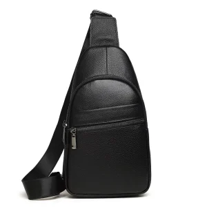 Men’s Fashionable Black Cow Leather Chest Bag Soft Sling Shoulder Cross Body with Zipper Closure for Outdoor Business Use
