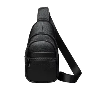 Men’s Fashionable Black Genuine Leather Large Capacity Chest Bag Soft Sling Shoulder Cross Body Zipper Closure Outdoor Business
