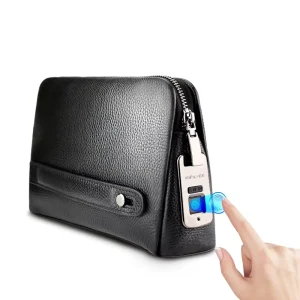 Men’s Fashionable Clutch Bag Simple Style Genuine Cow Leather Business Handbag with Fingerprint Lock