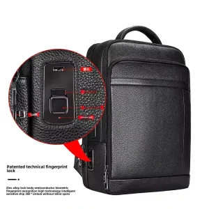 Men’s Fashionable Genuine Cowhide Leather Backpack with Fingerprint Lock Large Capacity 15.6″ Laptop Shoulder Bag for Business