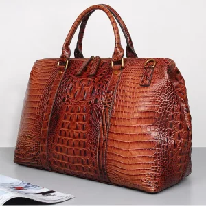 Men’s Fashionable Genuine Leather Crocodile Embossed Large Capacity Travel Duffel Bag Hand Held Crossbody Messenger Bag