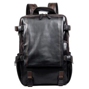 Men’s Fashionable Large Capacity Genuine Leather Backpack with Zipper Closure Polyester Lining Travel and Laptop Bag