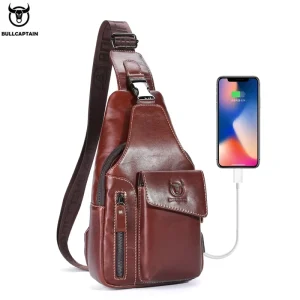 Men’s Fashionable Leather Crossbody Bag with USB Charging Port Chest Cover Layer Cowhide Shoulder Bag