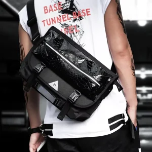 Men’s Fashionable Waterproof Cycling Pack Anti-Theft Crossbody Bike Sling Bag with Helmet Hook Geometric Style Tactical Black