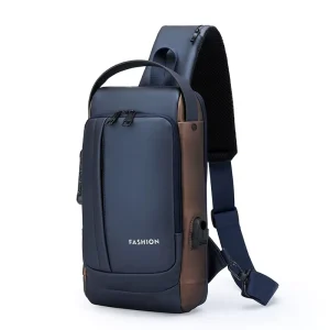 Men’s Fashionable Waterproof Travel Sport Shoulder Bag with USB Nylon Zipper Closure Chest Pack