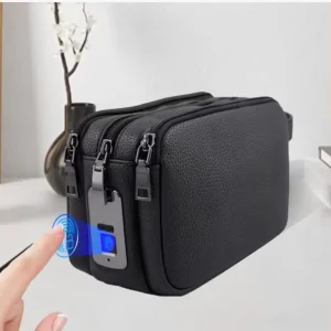 Men’s Fingerprint Lock Clutch Bag Anti Theft PU Leather Smart Security Multi-Layer Large Capacity Portable Storage Bag