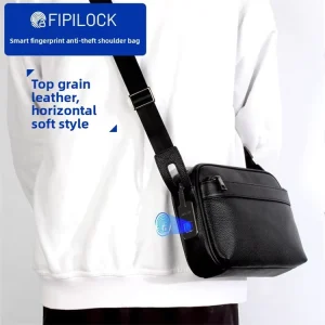 Men’s Fingerprint Shoulder Bag Large Capacity Luxury Genuine Leather Fingerprint Lock Anti theft Crossbody Bag