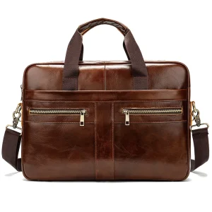 Men’s First Layer Cowhide Genuine Leather Briefcase Soft Business Shoulder Crossbody Computer Bag for Work Lawyers’ Satchel