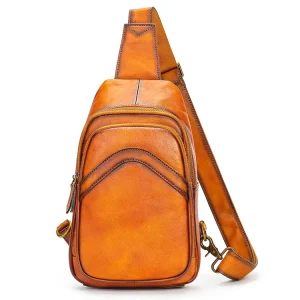 Men’s Full Grain Genuine Leather Waterproof Sling Chest Bag Crossbody Shoulder Hiking Travel Daypack England Style Multi Way