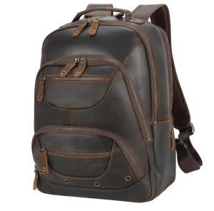 Men’s Full Grain Leather Backpack Fits 16″ Laptop Vintage Business Casual Daypack 19L Overnight Travel Rucksack