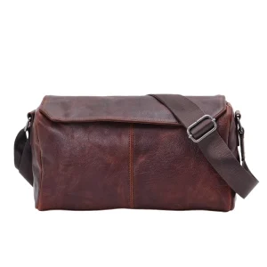Men’s Full Grain Vegetable Tanned Leather Crossbody Messenger Bag Single Shoulder Small Waterproof Daily