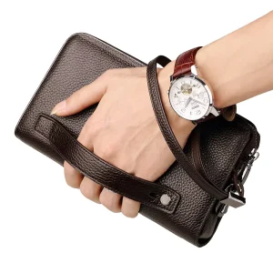 Men’s Genuine Cow Leather Long Clutch Wallet RFID Zipper Closure Business Handbag Purse Coded Lock