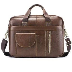 Men’s Genuine Cowhide Leather Briefcase Vintage Business Office Large Zipper Retro Handbag Crossbody Messenger