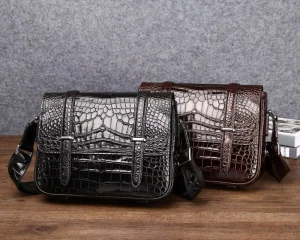 Men’s Genuine Cowhide Leather Crossbody Bag Fashion Style Crocodile Belly Pattern Zipper for Casual Business Commuting