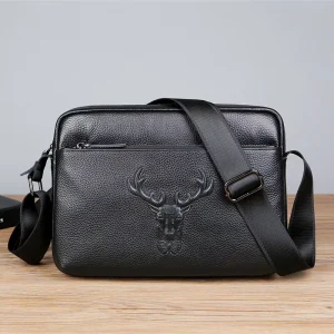Men’s Genuine Cowhide Leather Crossbody Bag Messenger New Trendy Horizontal Zipper Closure Business Casual Shoulder Bag