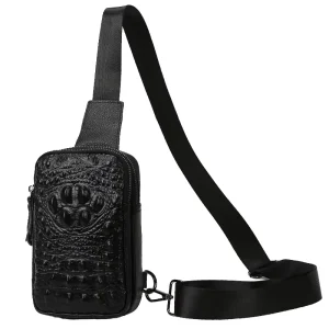 Men’s Genuine Cowhide Leather Sling Bag Vintage Chest Pack Bags with Zipper Closure Crocodile Pattern Fashionable