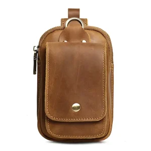Men’s Genuine Cowhide Leather Waist Bag Belt Polyester Lined Mobile Phone Hanging Bag for Outdoor Work