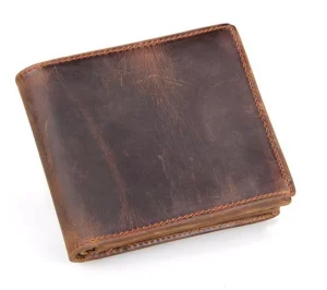 Men’s Genuine Crazy Horse Leather Slim Bifold Wallet RFID Blocking Short Length Cover Closure Cowboy Style