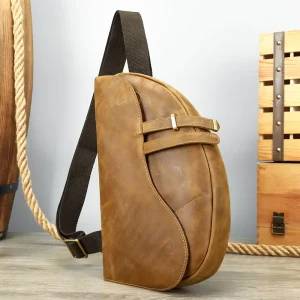 Men’s Genuine Crazy Horse Leather Sling Bag Vintage Saddle Crossbody Zipper Closure Single Shoulder Chest Bag Travel All Seasons