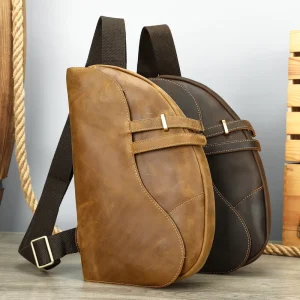 Men’s Genuine Crazy Horse Leather Vintage Sling Crossbody Zipper Closure Single Shoulder Chest Bag Travel All Seasons
