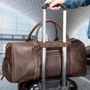 Men’s Genuine Crazy Horse Leather Weekender Overnight Bag with Zipper Closure and Shoe Compartment