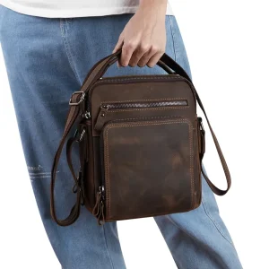 Men’s Genuine Crazy Horse Vintage Leather Crossbody Messenger Bag Handmade Shoulder Bag