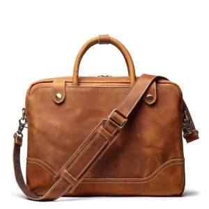 Men’s Genuine Leather 14-Inch Briefcase Cowhide Top Layer Single Shoulder Crossbody Bag Retro Style Laptop Bag