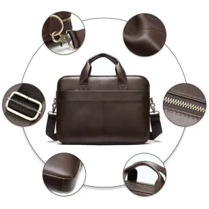 Men’s Genuine Leather 15 Inch Laptop Briefcase Casual Style Business Office Messenger Bag Zipper Waterproof Hard Case for Work
