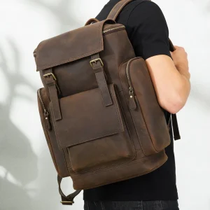 Men’s Genuine Leather Backpack 20-35L Large Capacity Vintage Style Travel Bag Polyester Zipper Closure Waterproof Fashionable