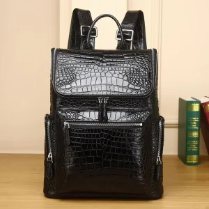 Men’s Genuine Leather Backpack Superior Quality Stylish Travel Computer Bag with Polyester Lining Black