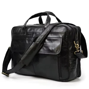 Men’s Genuine Leather Briefcase 17″ Laptop Bags Black Cow Leather Business Bag Tote Bags for Work Tote Shoulder Handbags